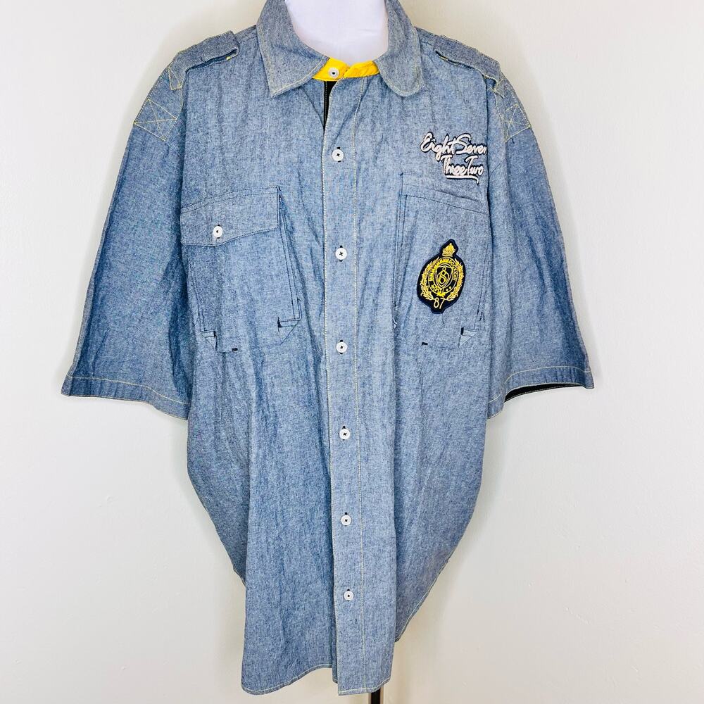 Eight 732 Button Up Denim Shirt 3XL Mens Blue Hip Hop Embroidered Streetwear New